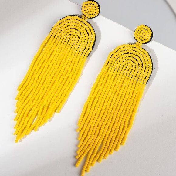 Long Boho Yellow Beaded Tassel Fringe Dangling Drop Fan Chandelier Post Earrings - Picture 2 of 7